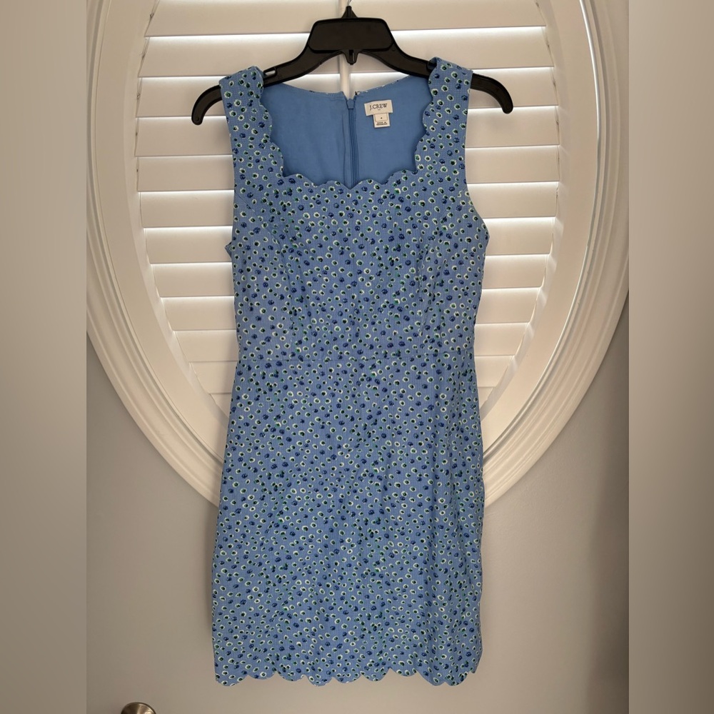 J. Crew blue floral Basketweave scallop-edge dress size 4